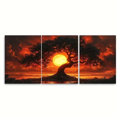 3pcs Intense Sunset Tree Metal Print Ready to Hang Art