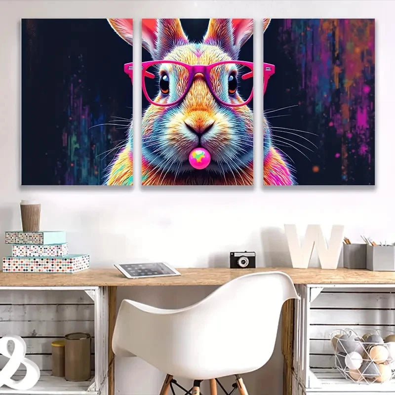 3pcs Colorful Bunny with Glasses Decor Wall Art Set Canvas Framed 60x90cm - High Quality Print 100% Australian Made Wall Canvas Ready to Hang