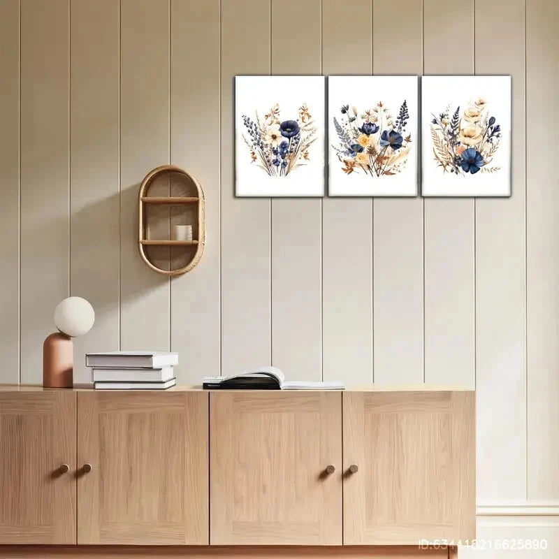 3pcs Dried Flower Prints Navy Blue Brown Metal Print Ready to Hang Art