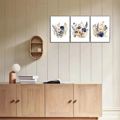 3pcs Dried Flower Prints Navy Blue Brown Metal Print Ready to Hang Art