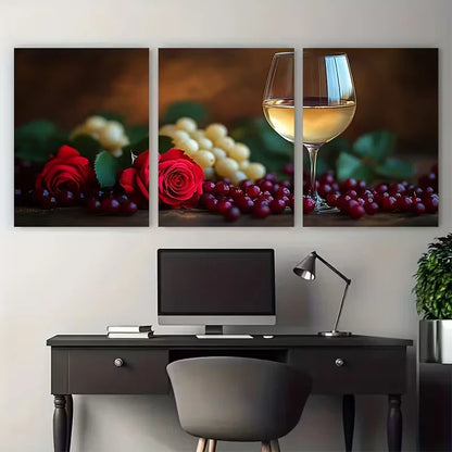 3pcs Elegant Red Rose and White Wine Metal Print Ready to Hang Art