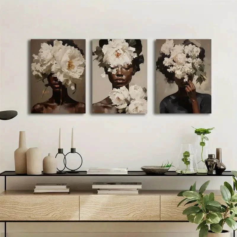 3pcs Vintage Floral & Black Female Portrait Metal Print Ready to Hang Art