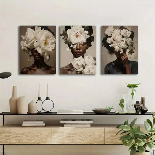 3pcs Vintage Floral & Black Female Portrait Metal Print Ready to Hang Art
