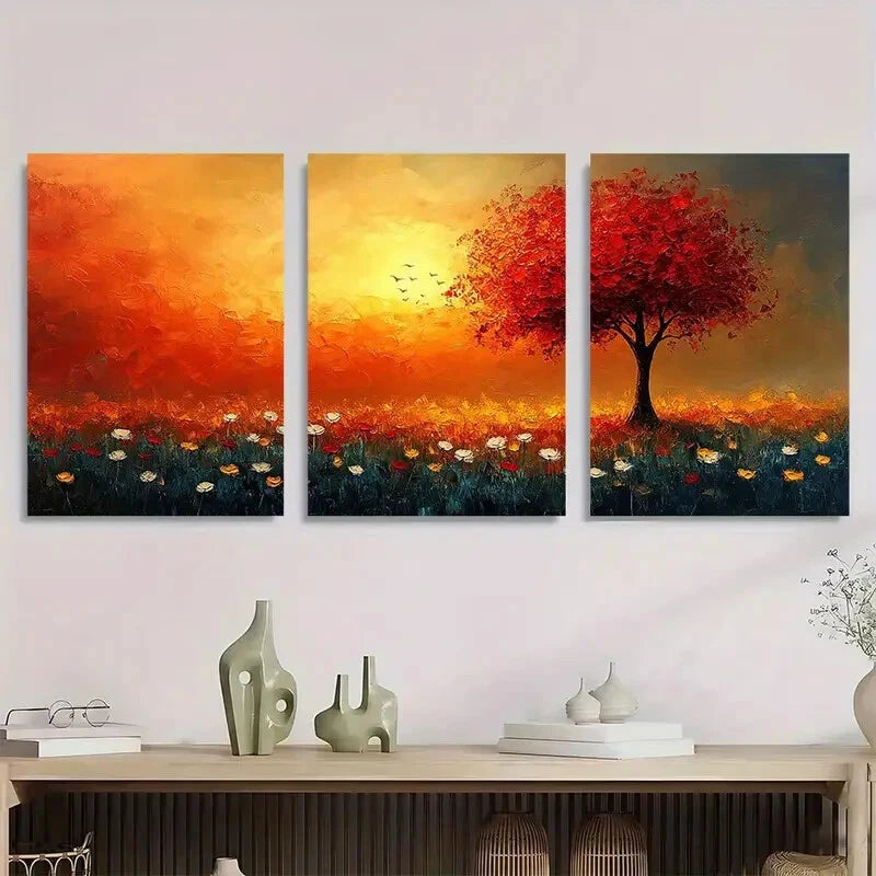 3pcs Colorful Dandelion Field & Tree Scenery Metal Print Ready to Hang Art