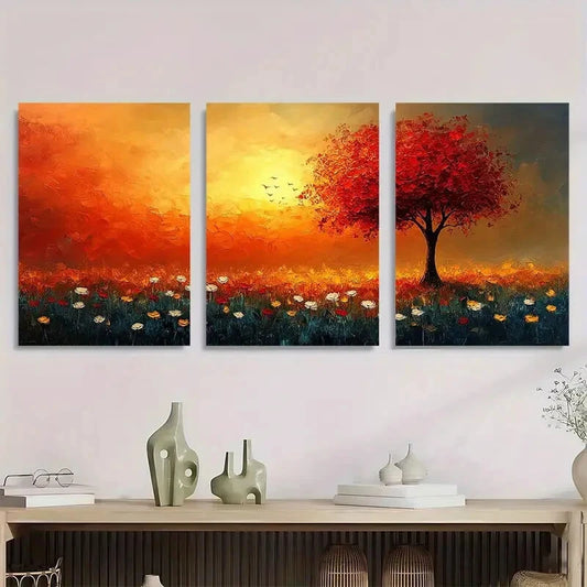 3pcs Colorful Dandelion Field & Tree Scenery Metal Print Ready to Hang Art