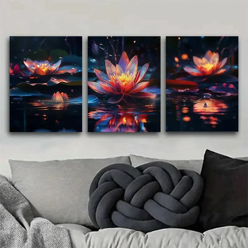 3pcs Vibrant Lotus Portrait Landscape Theme Metal Print Ready to Hang Art