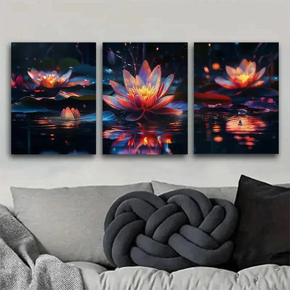 3pcs Vibrant Lotus Portrait Landscape Theme Metal Print Ready to Hang Art