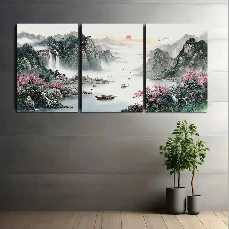3pcs Traditional Chinese Landscape Painting Metal Print Ready to Hang Art