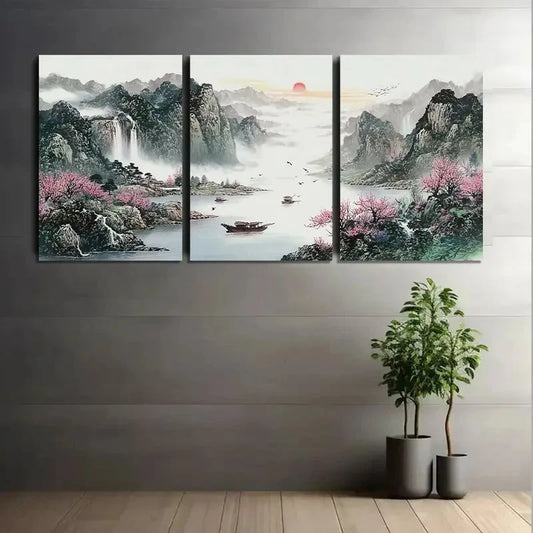 3pcs Traditional Chinese Landscape Painting Metal Print Ready to Hang Art