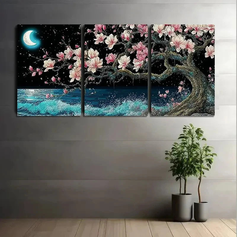 3pcs Moonlit Landscape With a Tree Painting Metal Print Ready to Hang Art