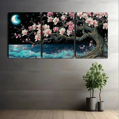 3pcs Moonlit Landscape With a Tree Painting Metal Print Ready to Hang Art