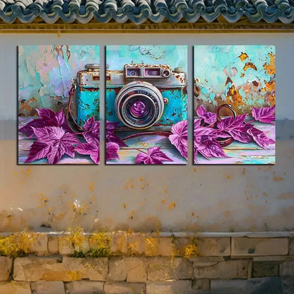 3pcs Vibrant Purple leaves with Old Camera Metal Print Ready to Hang Art