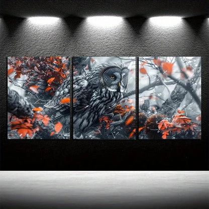 3pcs Owl on The Branch Illustration Metal Print Ready to Hang Art