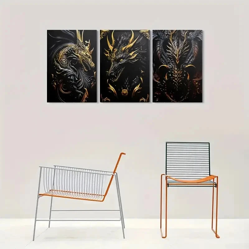 3pcs Golden Dragon Black and Golden Fantasy Metal Print Ready to Hang Art