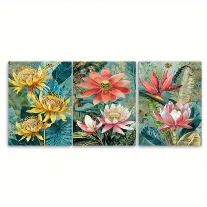 3pcs Nepal Travel Botanical Illustration Wall Art Set Canvas Framed 60x90cm - High Quality Print 100% Australian Made Wall Canvas Ready to Hang