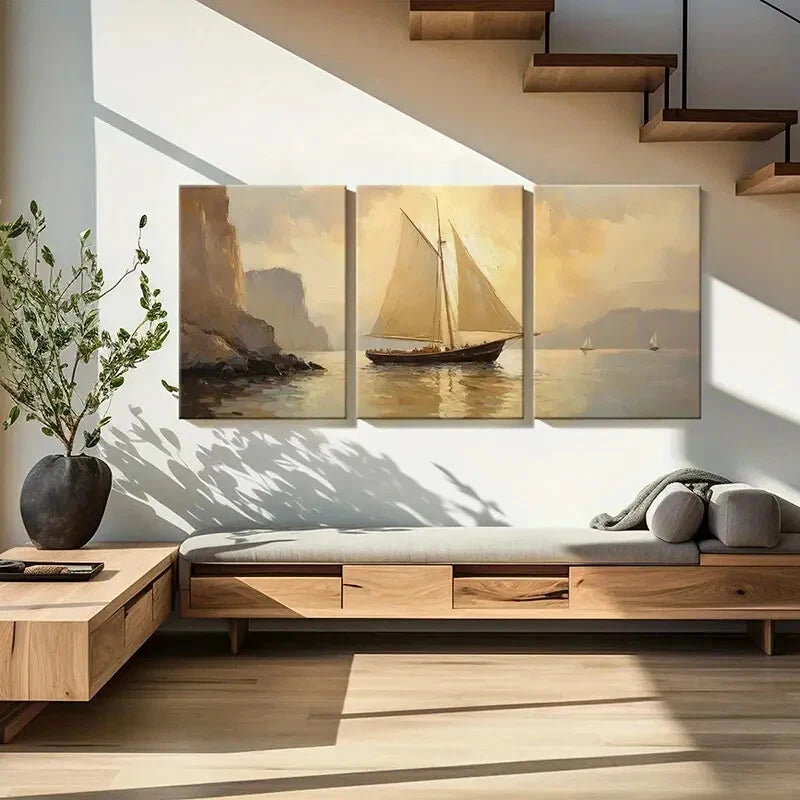 3pcs Sailing Ship Ocean View Coastal Landscape Metal Print Ready to Hang Art