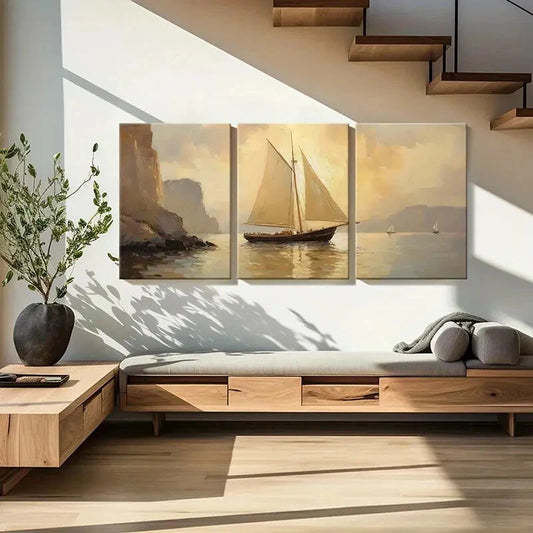 3pcs Sailing Ship Ocean View Coastal Landscape Metal Print Ready to Hang Art