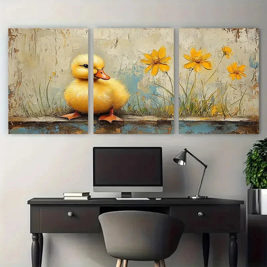 3pcs Vibrant Yellow Duckling Youngsters Animal Metal Print Ready to Hang Art