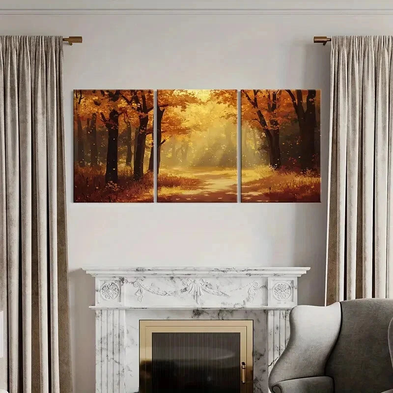 3pcs Autumn Forest Pathway Warm Sunlight Metal Print Ready to Hang Art