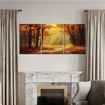 3pcs Autumn Forest Pathway Warm Sunlight Metal Print Ready to Hang Art