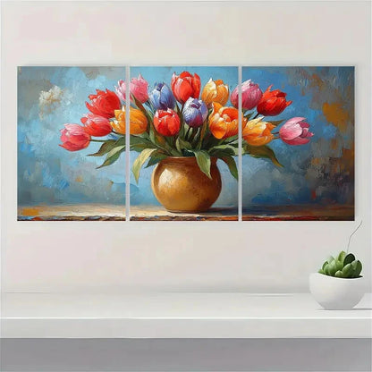 3pcs Tulips in a Vase Oil Impasto Painting Metal Print Ready to Hang Art