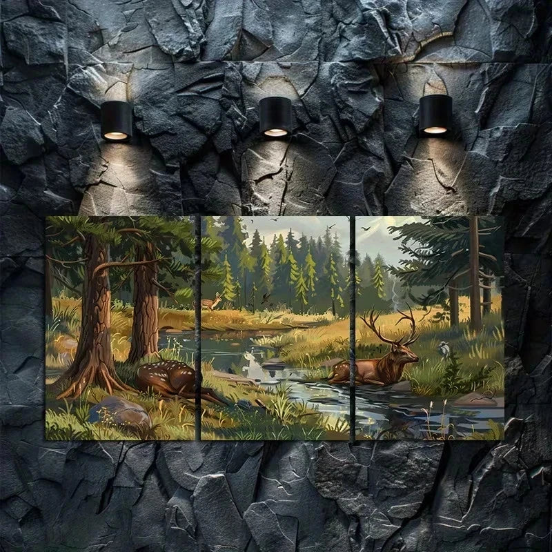 3pcs Forest and Deer Scene with Trees and Grass Metal Print Ready to Hang Art