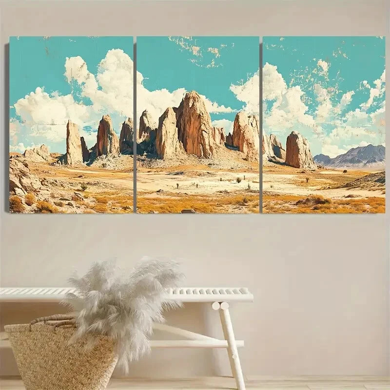 3pcs Pinnacles Desert Retro Illustration Metal Print Ready to Hang Art