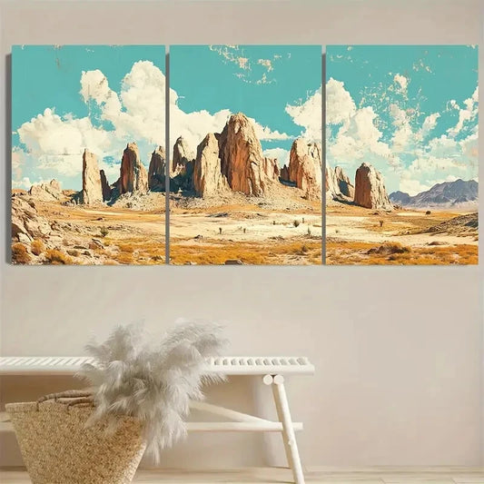 3pcs Pinnacles Desert Retro Illustration Metal Print Ready to Hang Art