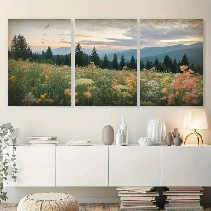 3pcs Vintage Serene Wildflower & Pine Tree Metal Print Ready to Hang Art