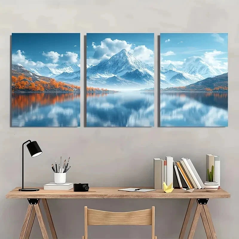 3pcs Featuring Minimalist Mountains And a Lake Metal Print Ready to Hang Art
