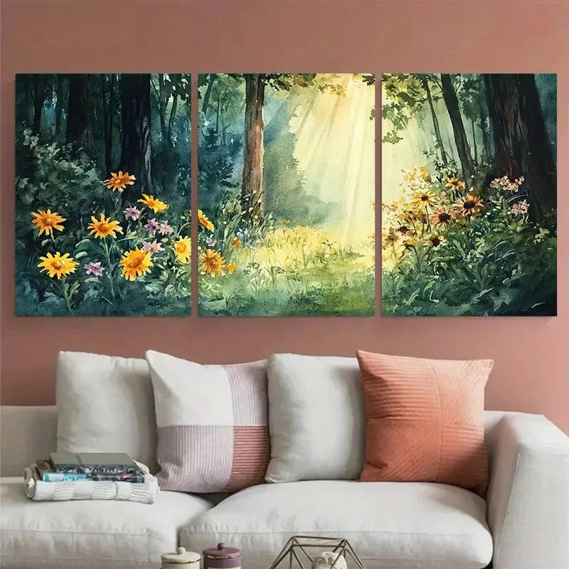 3pcs Sunlit Wildflowers in a Tranquil Nature Wall Art Set Canvas Framed 40x60cm - High Quality Print 100% Australian Made Wall Canvas Ready to Hang