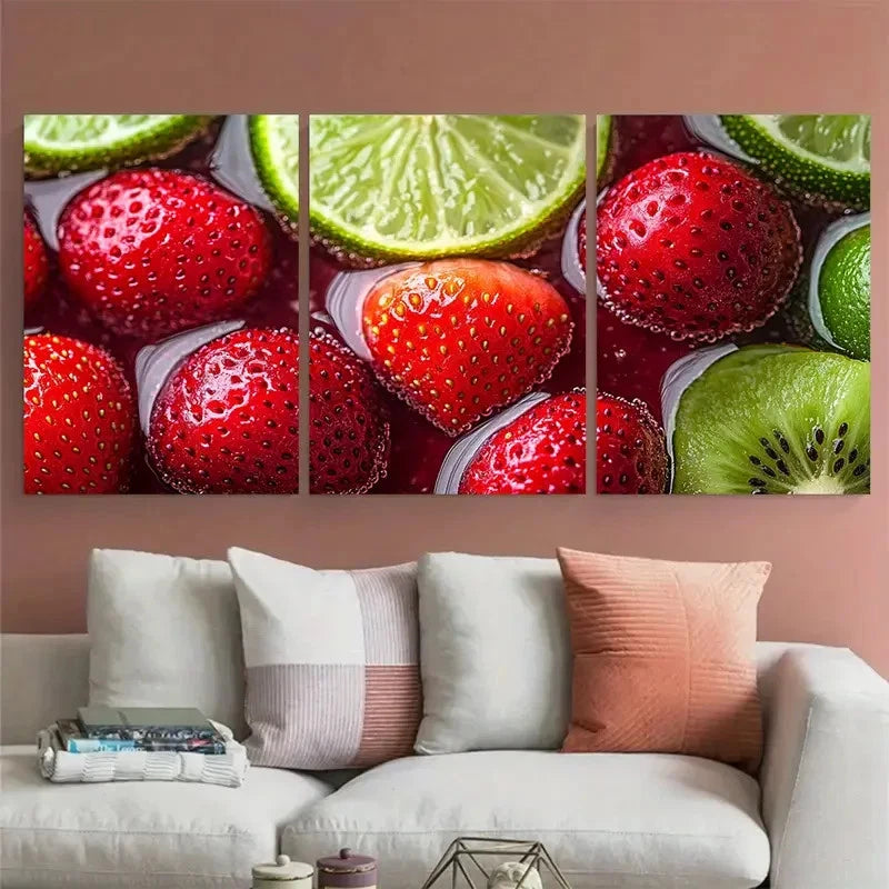 3pcs Fresh Fruit Drink Cherry Strawberry Lime Kiwi Metal Print Ready to Hang Art