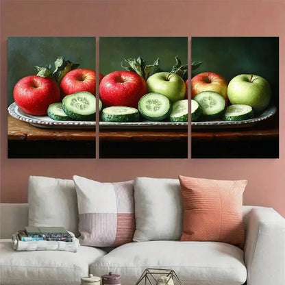 3pcs Food Still Life of Fresh Cucumbers and Apples Metal Print Ready to Hang Art