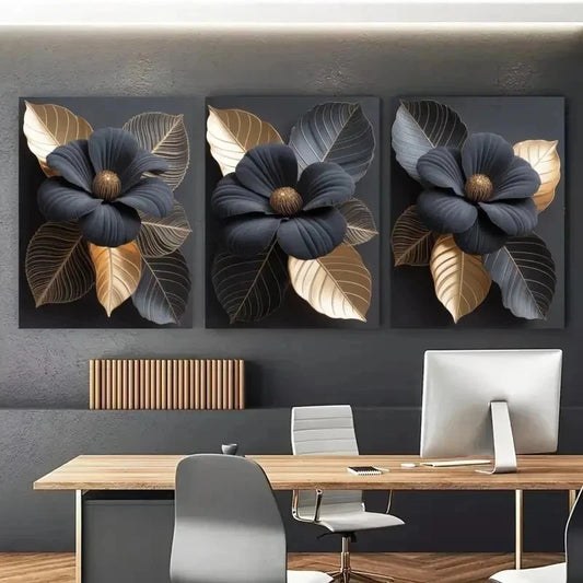 3pcs Black & Golden Floral Canvas Wall Art Set Canvas Framed 40x60cm - High Quality Print 100% Australian Made Wall Canvas Ready to Hang