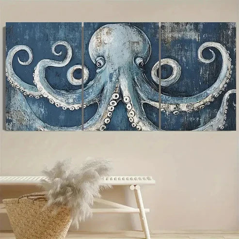 3pcs Blue Octopus Art Nautical Wall Art Set Canvas Unframed - High Quality Print 100% Australian Made Wall Canvas