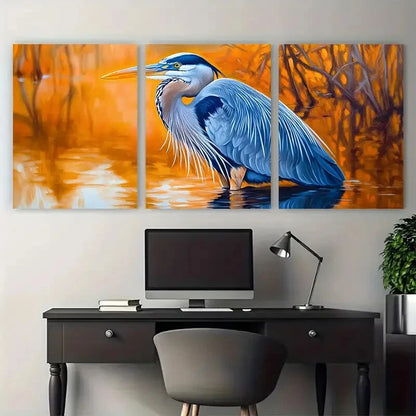 3pcs Great Blue Heron Painting Swamp Animals Metal Print Ready to Hang Art