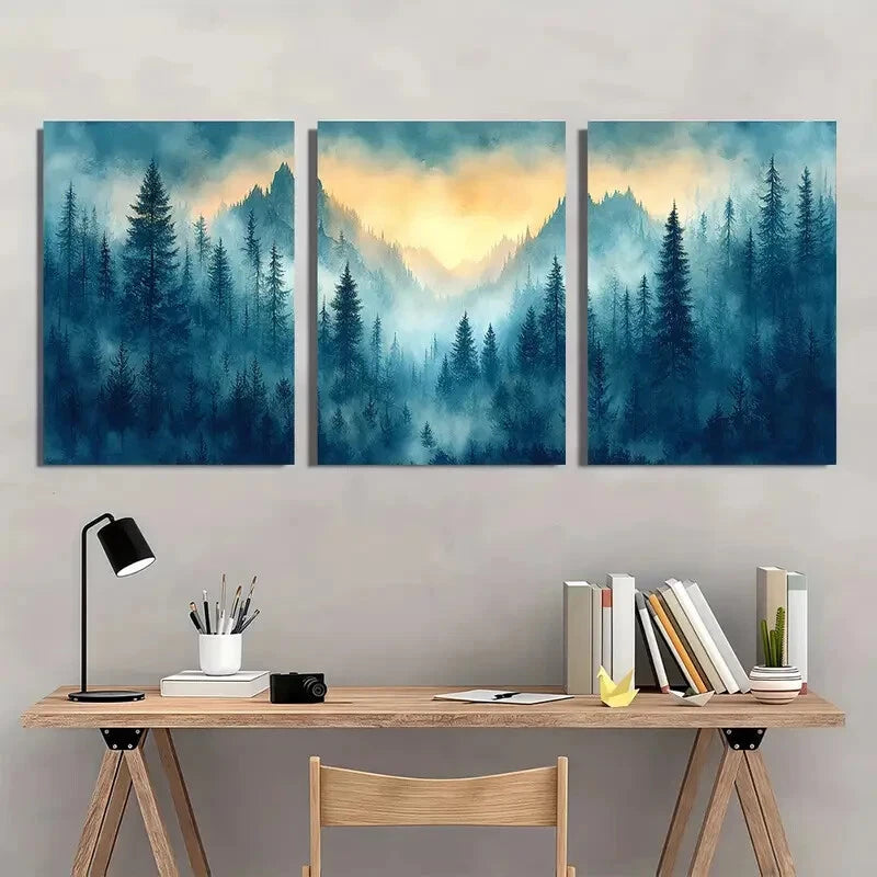 3pcs Misty Forest Landscape with Sunset Evergreen Metal Print Ready to Hang Art