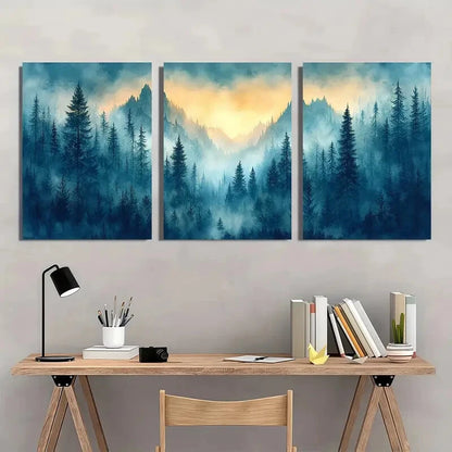 3pcs Misty Forest Landscape with Sunset Evergreen Metal Print Ready to Hang Art