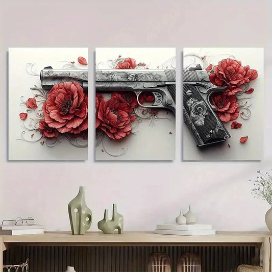3pcs Elegant Floral & Pistol Red Rose Metal Print Ready to Hang Art