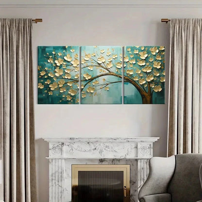 3pcs Golden Blossoms Abstract Floral Art Metal Print Ready to Hang Art