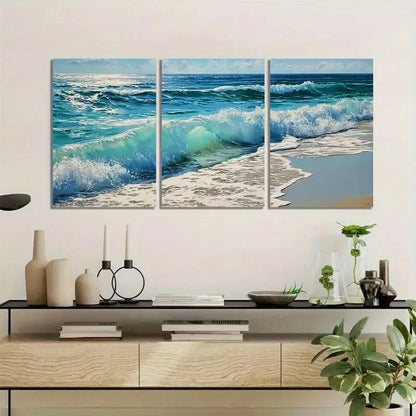 3pcs Ocean Waves on the Beach with Light Blue Metal Print Ready to Hang Art