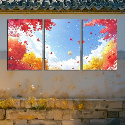 3pcs Vibrant Sky in the Forest Autumn Scene Metal Print Ready to Hang Art