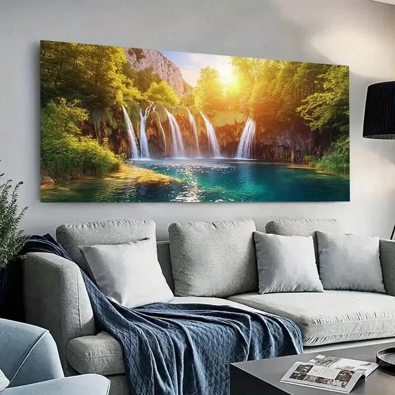 Waterfall & sunlit forest wall canvas office home room framed 120x60cm - Bella Home Decor