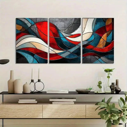 3pcs Abstract Red White and Blue Flowing Shapes Metal Print Ready to Hang Art