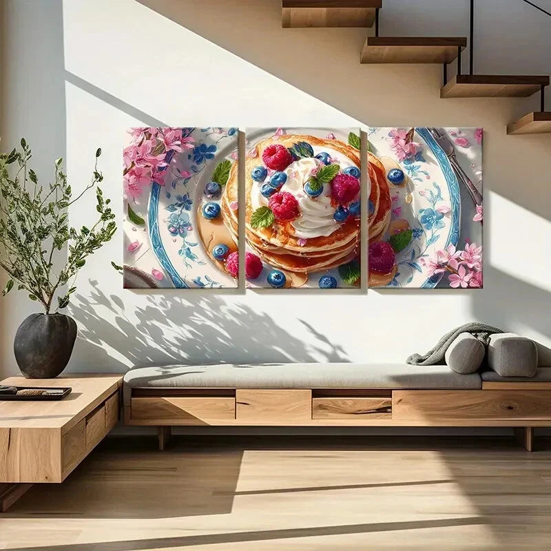 3pcs Elegant Pancake Breakfast with Whipped Cream Metal Print Ready to Hang Art
