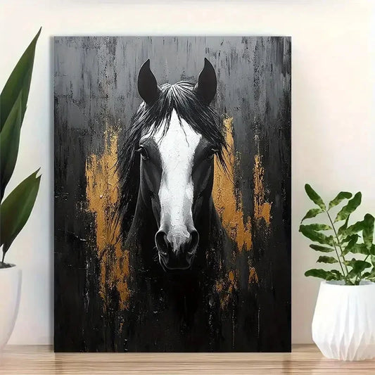 Beautiful Black & White Horse Golden Accents Painting 40x60cm Metal Print Ready to Hang