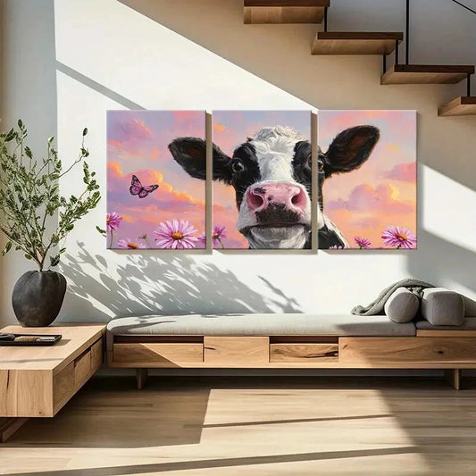 3pcs Cow Portrait Floral Surroundings Soft Pastel Metal Print Ready to Hang Art