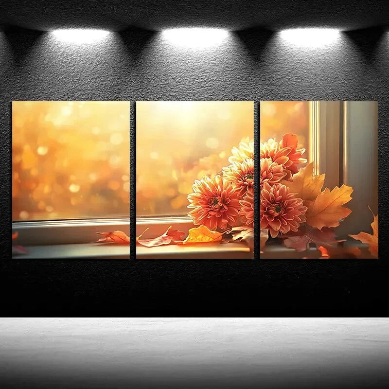 3pcs Vibrant Autumn Floral by Window Design Metal Print Ready to Hang Art