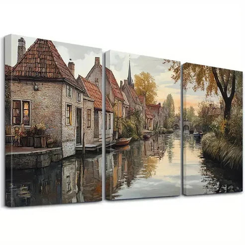 3pcs Aesthetic Peaceful Village In Autumn Art Set Canvas Unframed - High Quality Print 100% Australian Made Wall Canvas