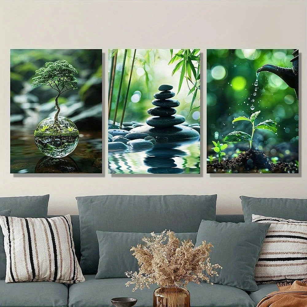 Three framed nature-themed artworks on a wall above a sofa with decorative pillows.